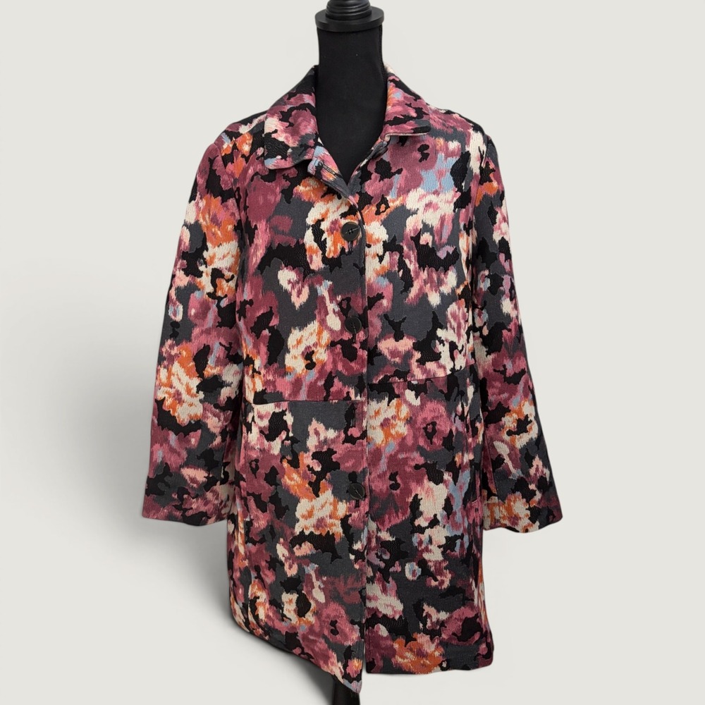 Chico's Modern Ikat Floral Tapestry Topper Jacket Womens Size 2 (12 Large) Lined